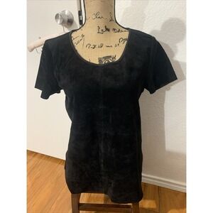Ecru Medium Woman's Genuine Suede Front Top Black Fancy Short Sleeves NWOT